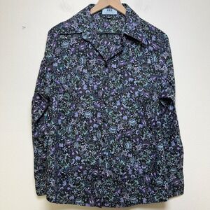 Hawes & Curtis Women Button Front Shirt XL Blue Floral 100% Cotton Semi Fitted
